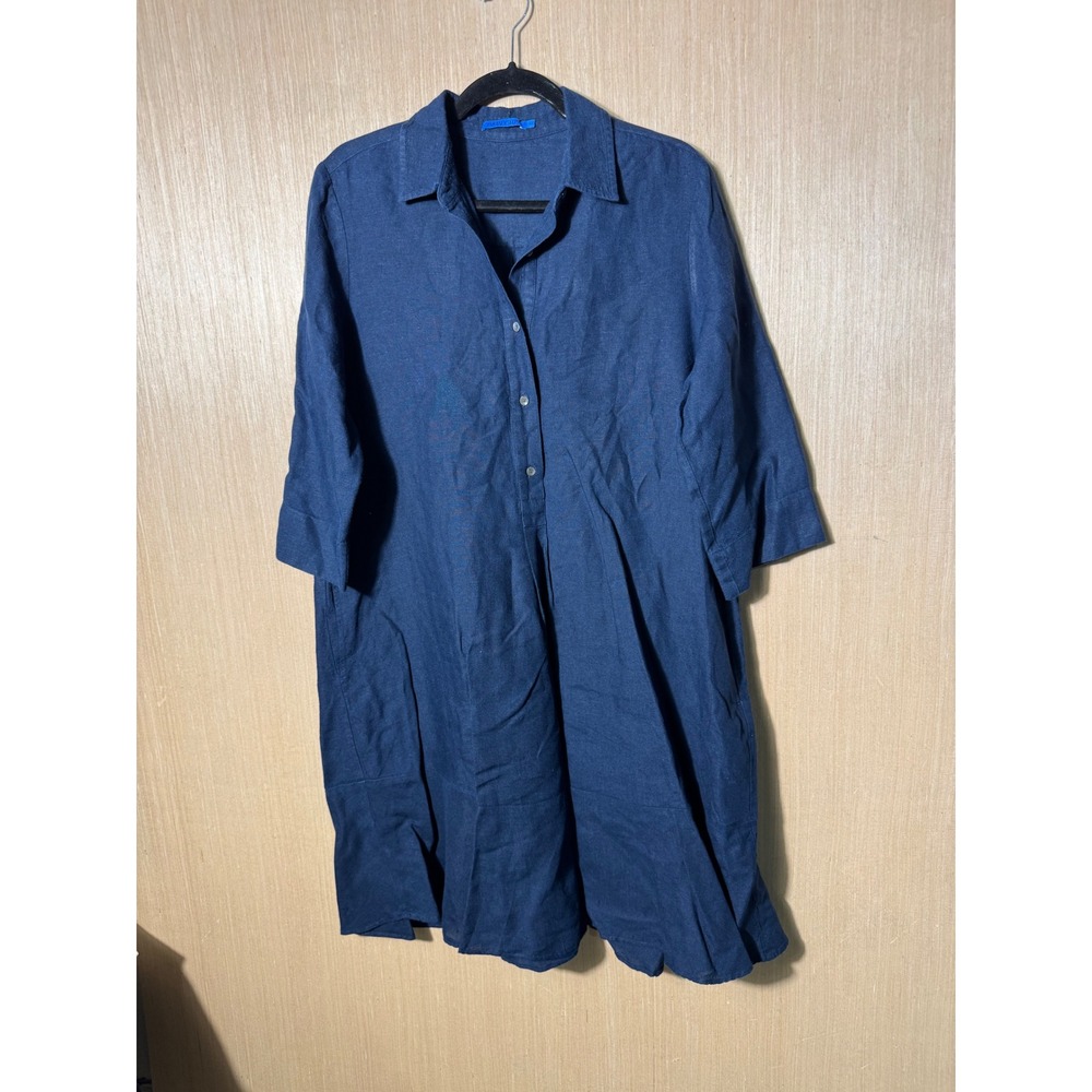JMclaughlin $189 Boxy Shirt Dress Linen Blue Button Down 3/4 Sleeve‎